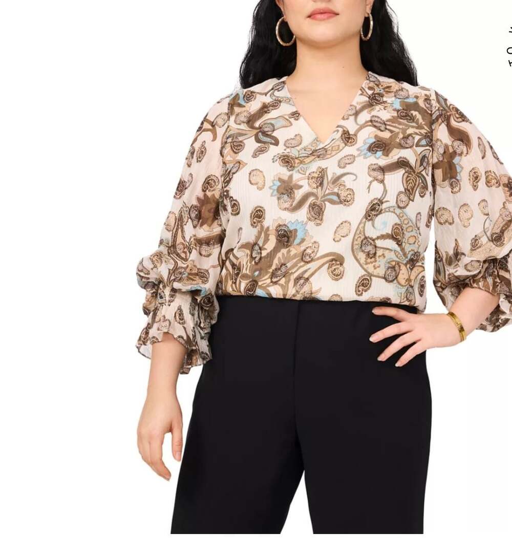 NWT Vince Camuto Metallic Print Smocked-Cuff Top Large